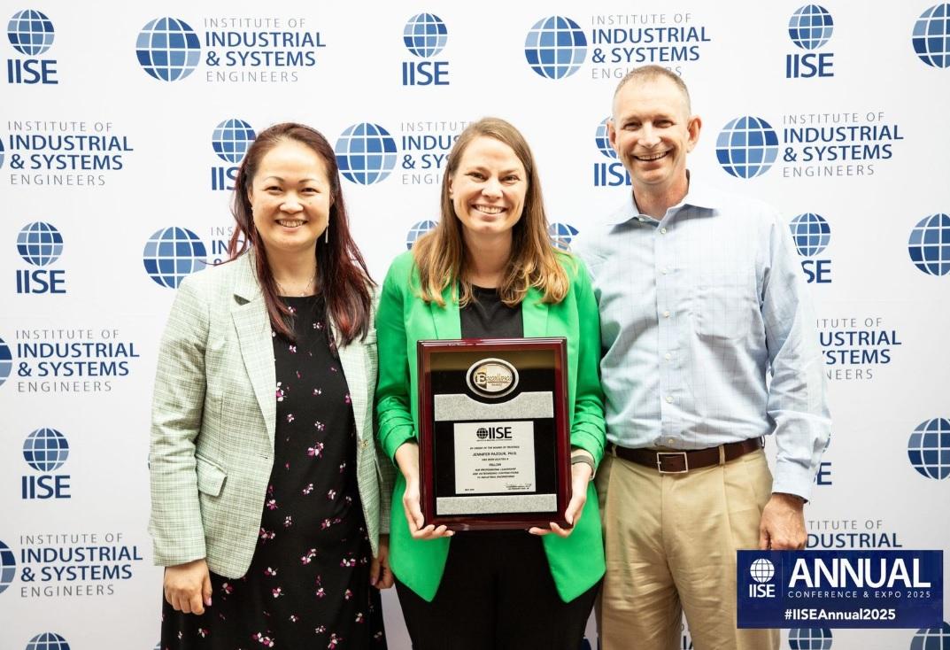 Jen Pazour awarded the IISE Fellow Award at the 2025 IISE Annual Meeting, also pictured are nominators Dr. Emily Liu and Dr. Russ Meller