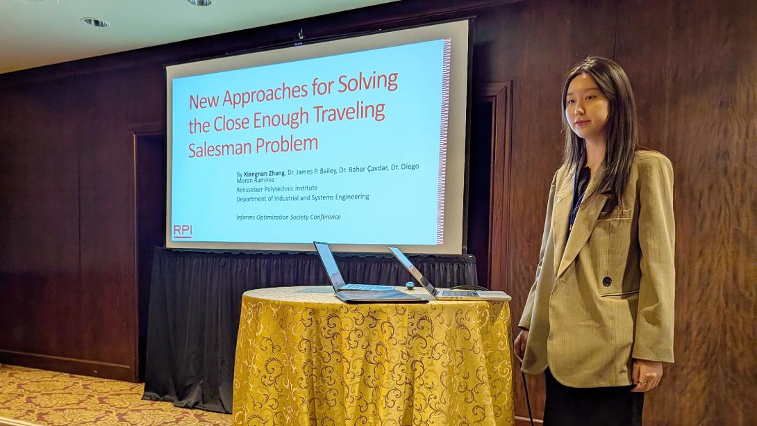 Ph.D. Student Xiangnan (Skye) Zhang presented her poster at the 2026 INFORMS OPTIMIZATION SOCIETY CONFERENCE in Atlanta, GA. Her poster entitled "New Approaches for Solving the Close Enough Traveling Salesman Problem" showcased her research with Dr. Diego Moran Ramirez, Dr. Bahar Cavdar, and Dr. James Bailey. 